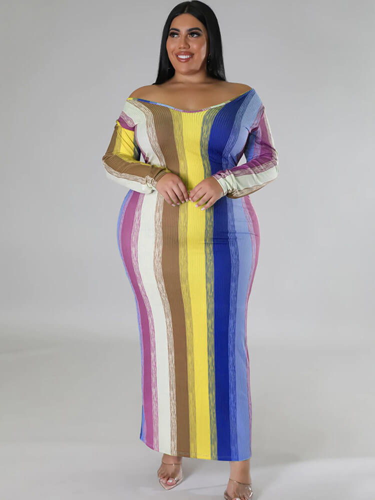 Plus Size Long Sleeve Color Block Maxi Dresses Tiynon