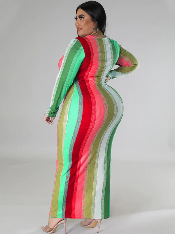 Plus Size Long Sleeve Color Block Maxi Dresses Tiynon