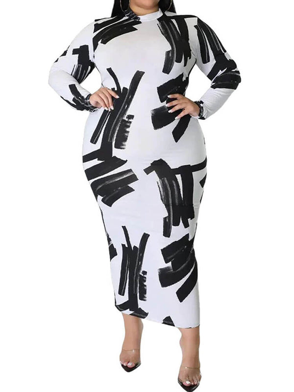 Plus Size Long Sleeve Floral Print Bodycon Midi Dresses Tiynon