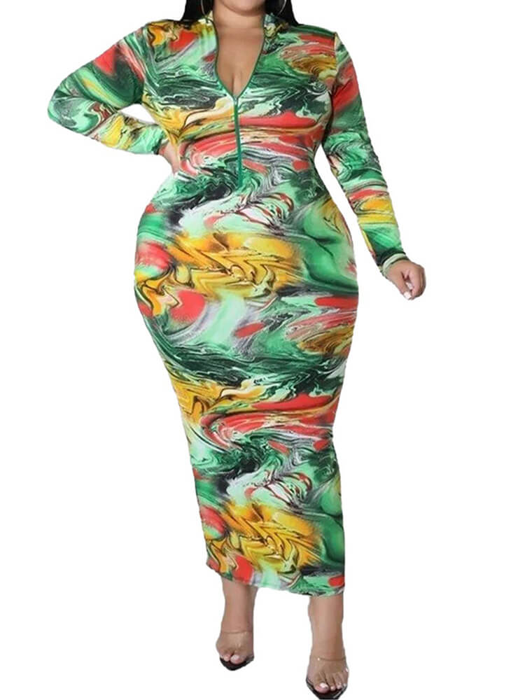 Plus Size Long Sleeve Floral Print Bodycon Midi Dresses Tiynon