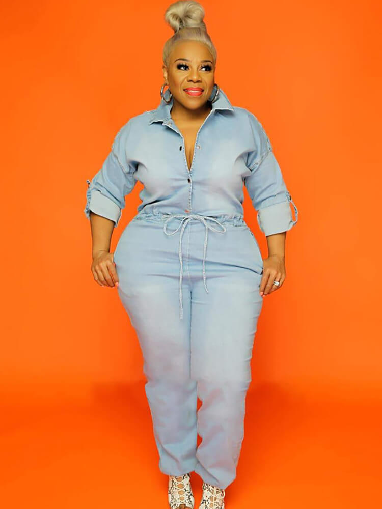 Plus Size Long Sleeve Hollow Out Denim Jumpsuit Tiynon