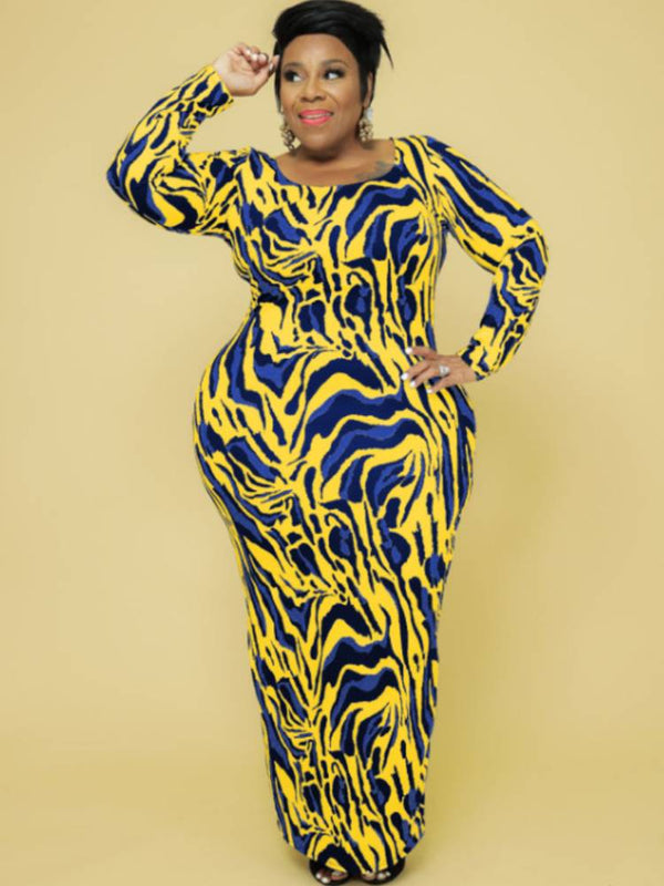 Plus Size Long Sleeve Leopard Print Maxi Dresses Tiynon