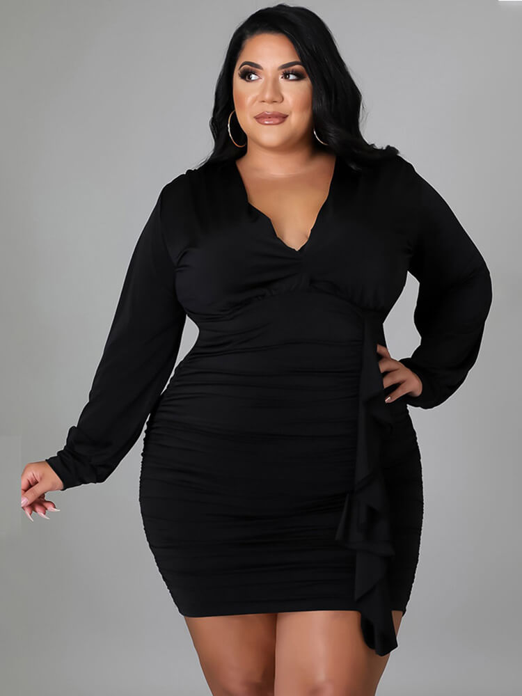 Plus Size Long Sleeve Ruched Bodycon Mini Dresses Tiynon