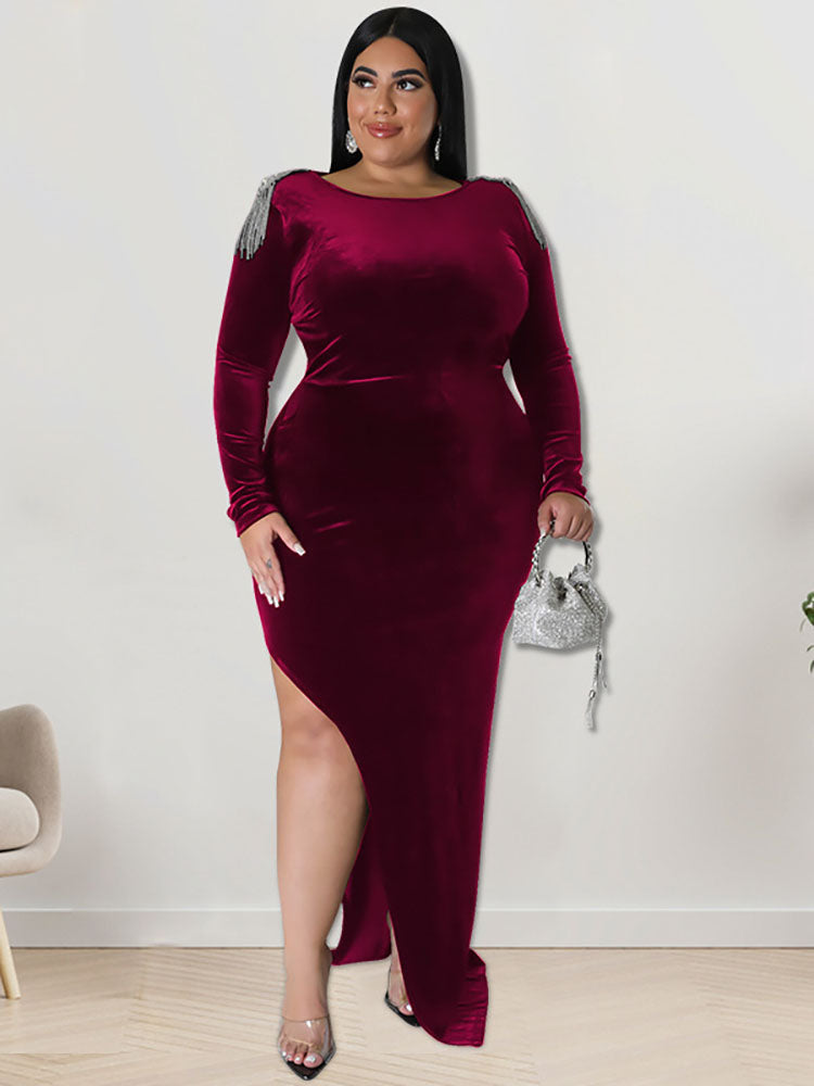 Plus Size Long Sleeve Side Split Maxi Dresses Tiynon