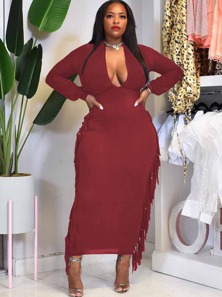 Plus Size Long Sleeve Tassel Maxi Dress Tiynon