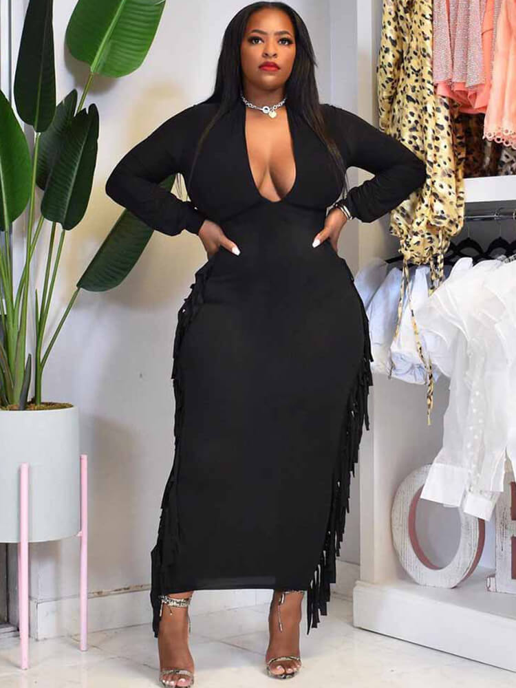 Plus Size Long Sleeve Tassel Maxi Dresses Tiynon