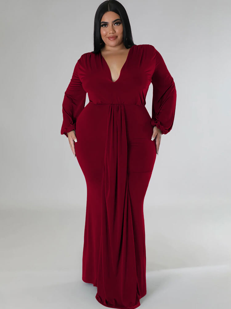 Plus Size Long Sleeve V Neck Bodycon Maxi Dresses Tiynon