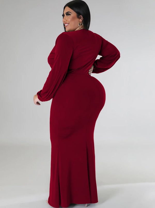 Plus Size Long Sleeve V Neck Bodycon Maxi Dresses Tiynon