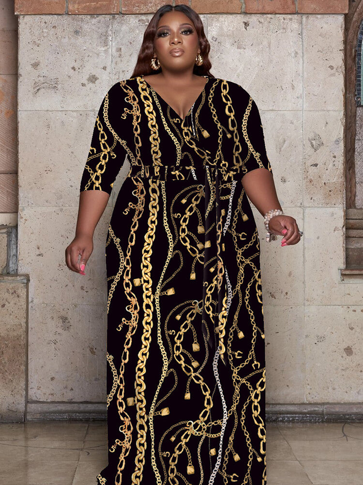 Plus Size Long Sleeve V Neck Print Maxi Dress Tiynon