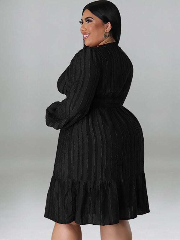 Plus Size Long Sleeve V Neck Ruffle Midi Dresses Tiynon