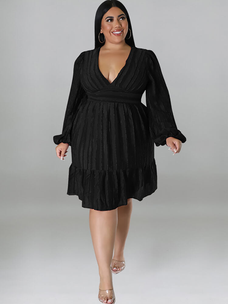 Plus Size Long Sleeve V Neck Ruffle Midi Dresses Tiynon