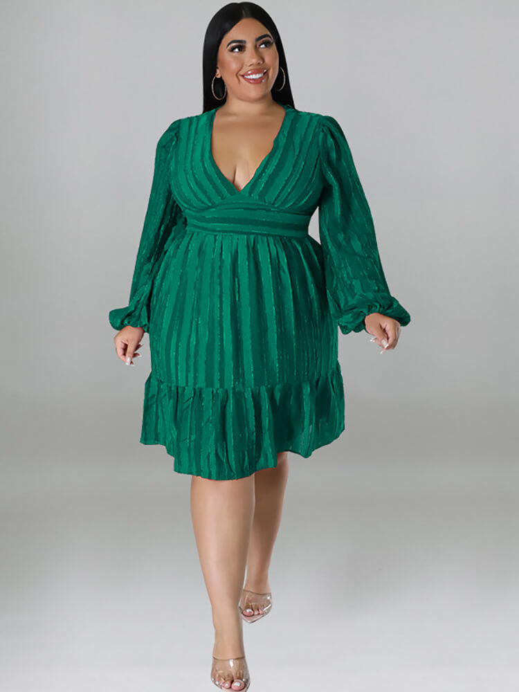 Plus Size Long Sleeve V Neck Ruffle Midi Dresses Tiynon