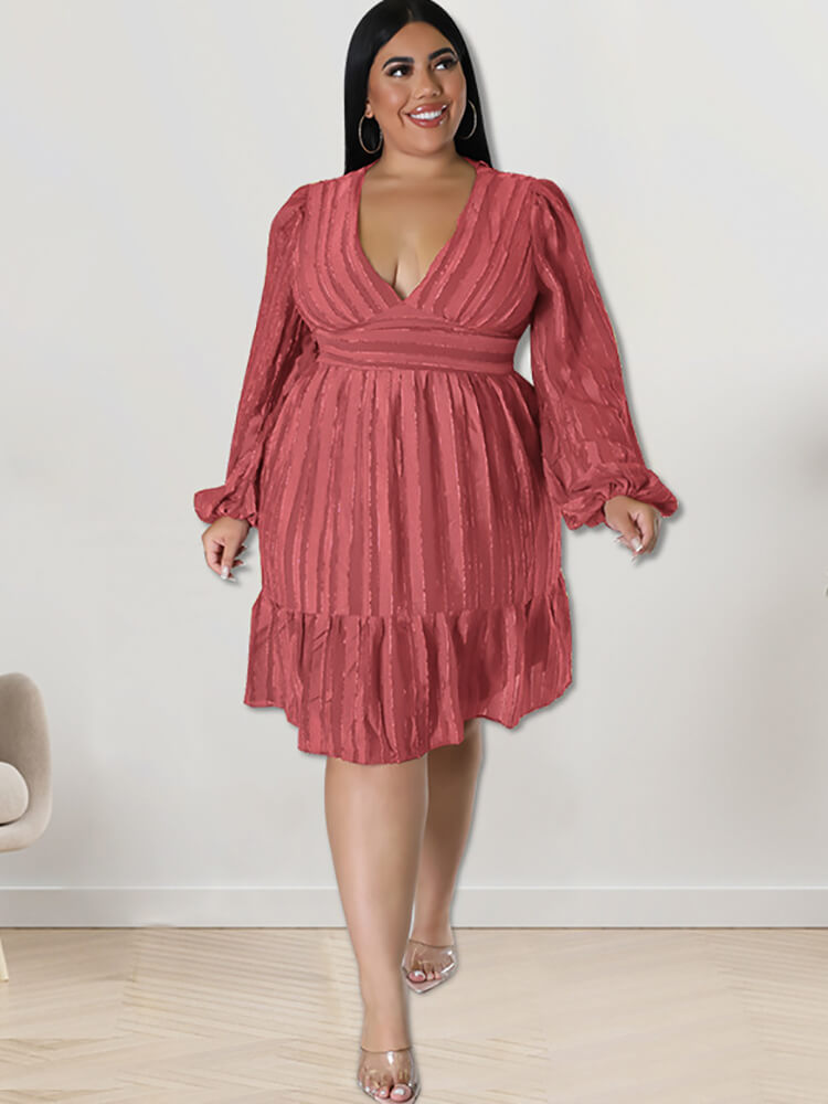 Plus Size Long Sleeve V Neck Ruffle Midi Dresses Tiynon