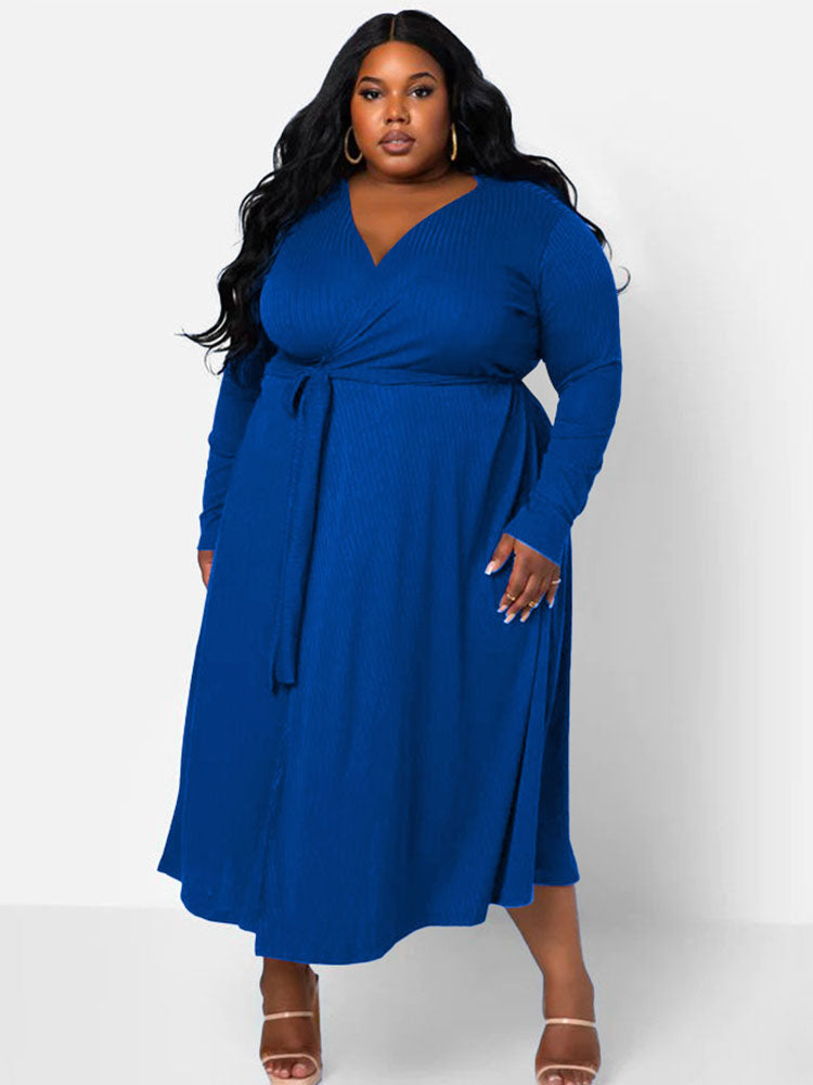 Plus Size Long Sleeves Knit Belted Loose Midi Dresses Tiynon