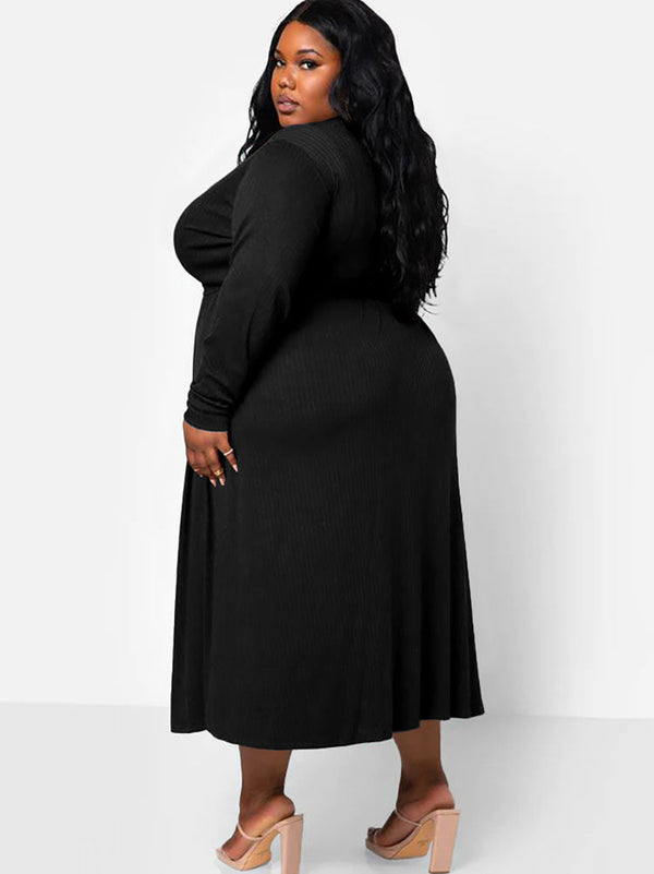 Plus Size Long Sleeves Knit Belted Loose Midi Dresses Tiynon