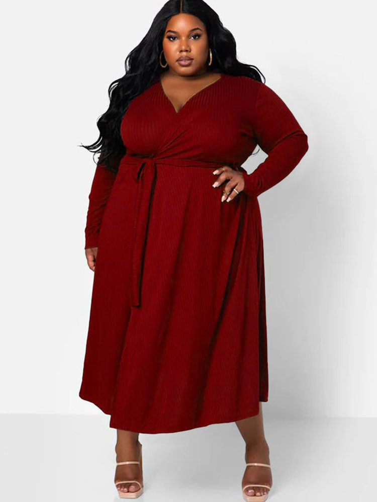 Plus Size Long Sleeves Knit Belted Loose Midi Dresses Tiynon