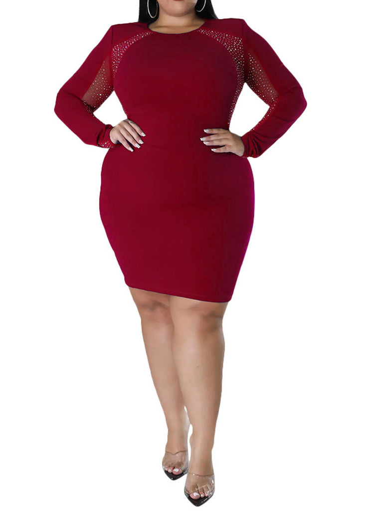 Plus Size Long Sleeves Rhinestone Mini Dresses Tiynon