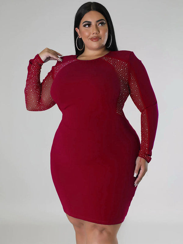 Plus Size Long Sleeves Rhinestone Mini Dresses Tiynon