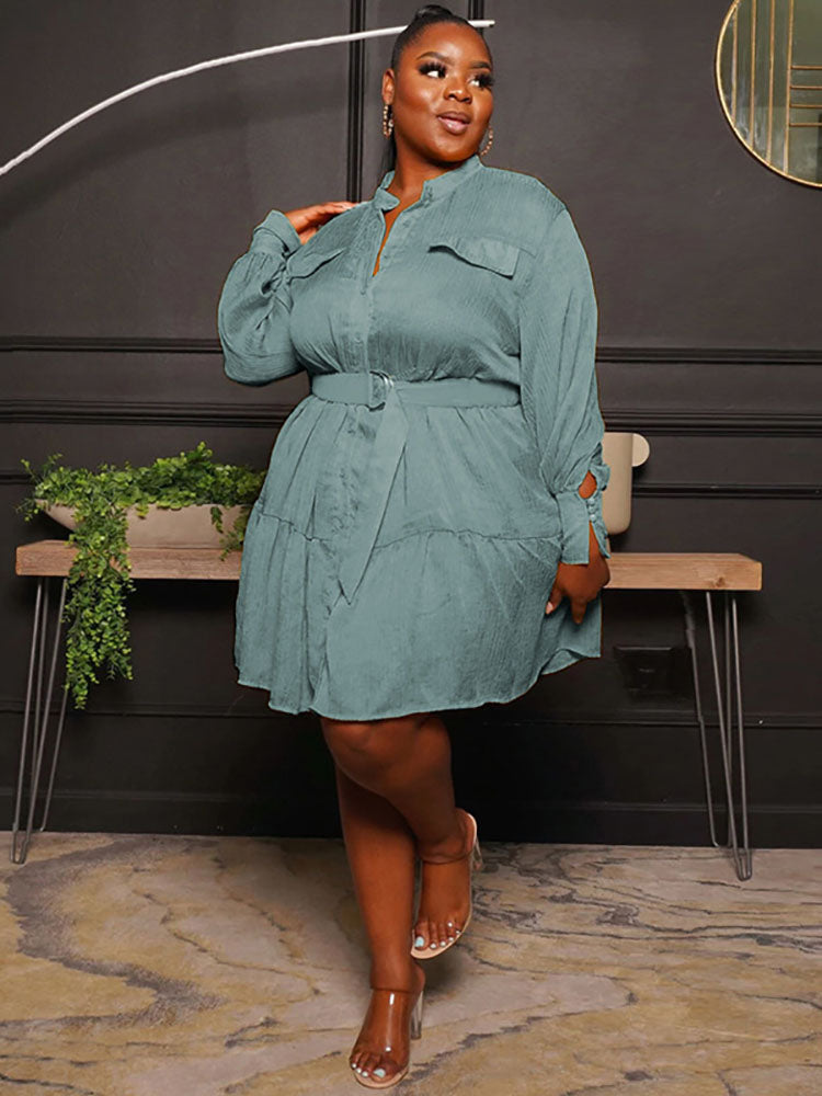 Plus Size Long Sleeves Ruffle Hem Midi Shirt Dresses Tiynon