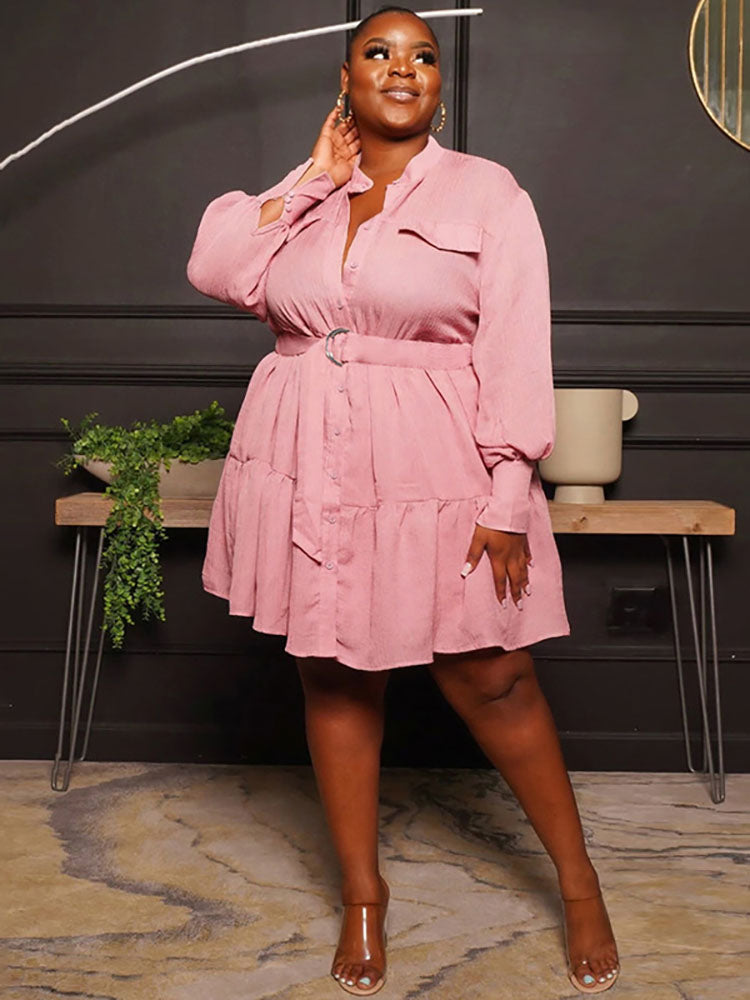 Plus Size Long Sleeves Ruffle Hem Midi Shirt Dresses Tiynon