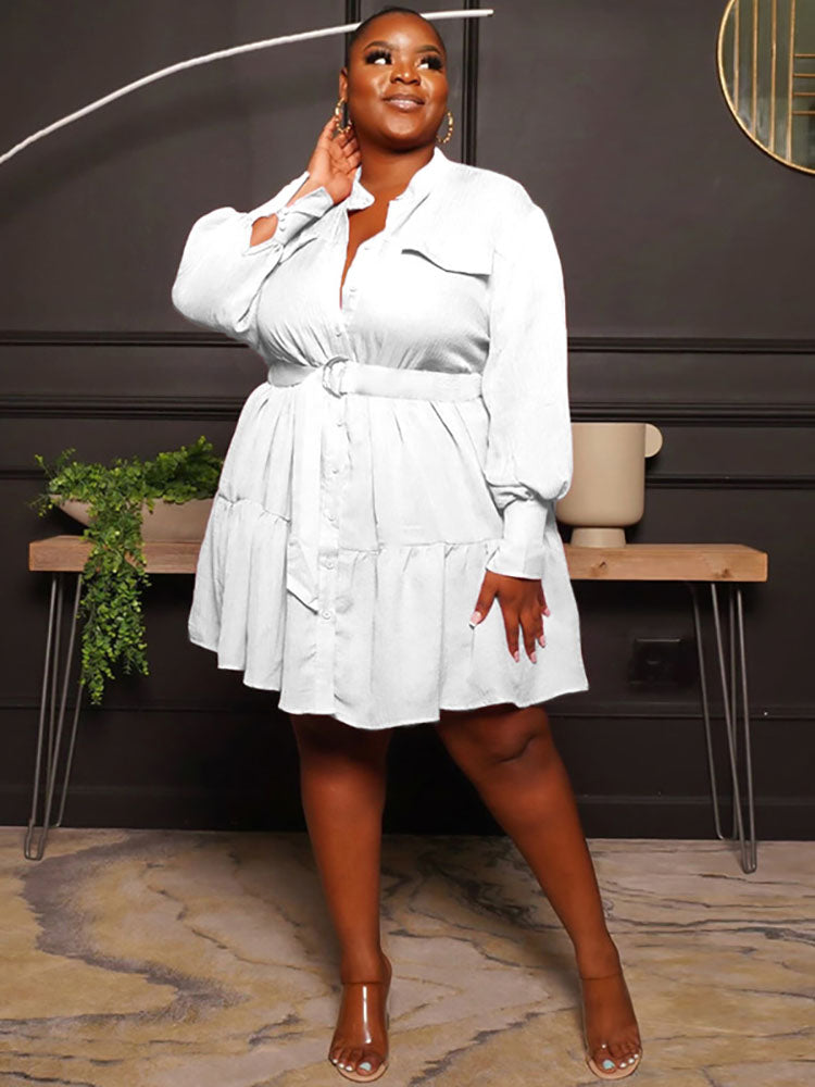 Plus Size Long Sleeves Ruffle Hem Midi Shirt Dresses Tiynon