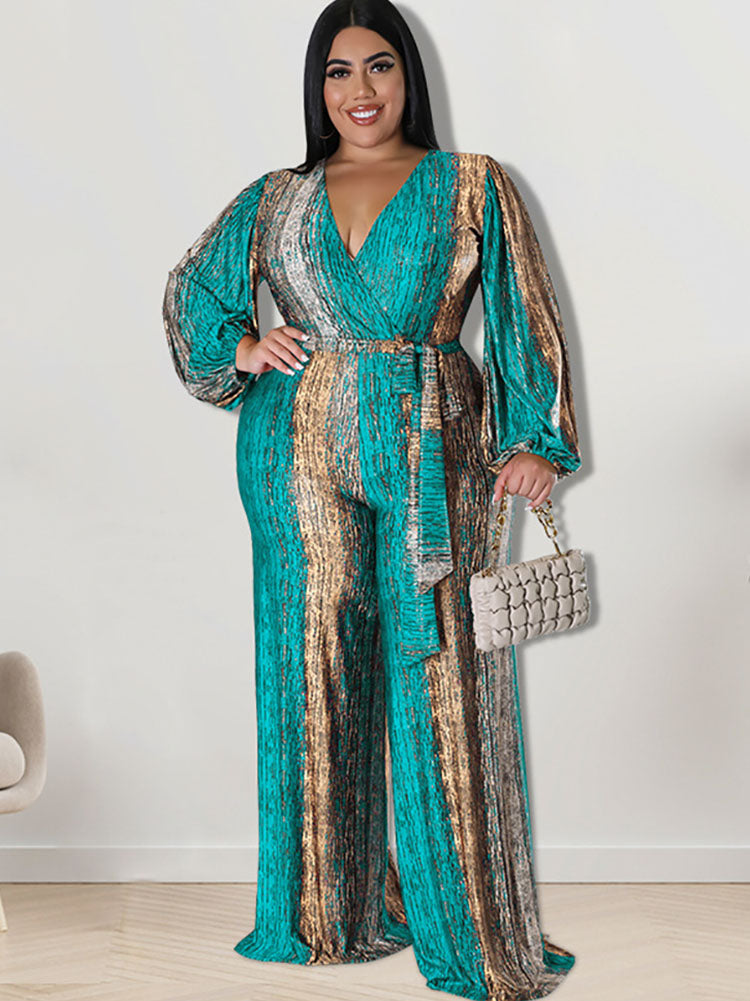 Plus Size Long Sleeves Tie Dyed Print Jumpsuits Tiynon