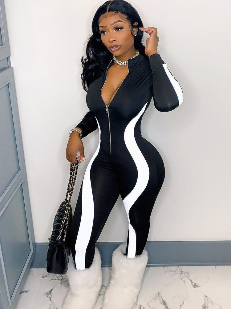 Plus Size Long Sleeves Zipper Color Block Jumpsuits Tiynon