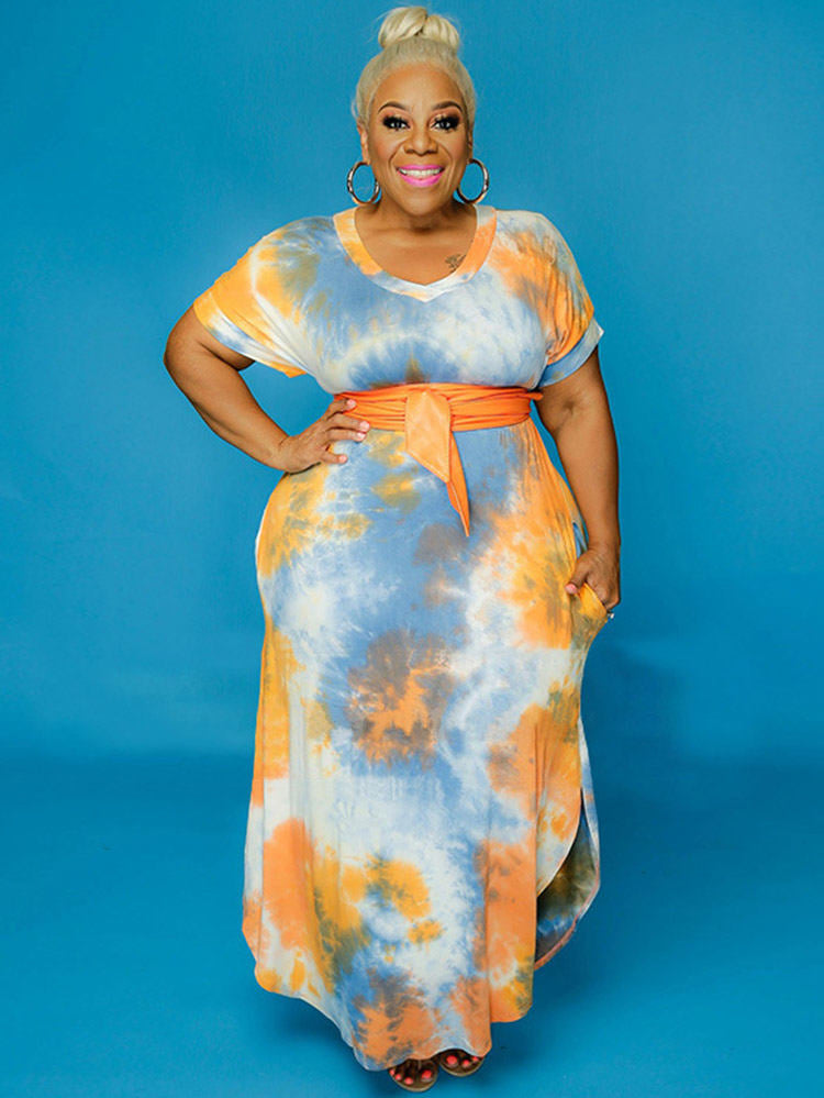 Plus Size Loose Short Sleeve Tie-dyed Maxi Dresses Tiynon