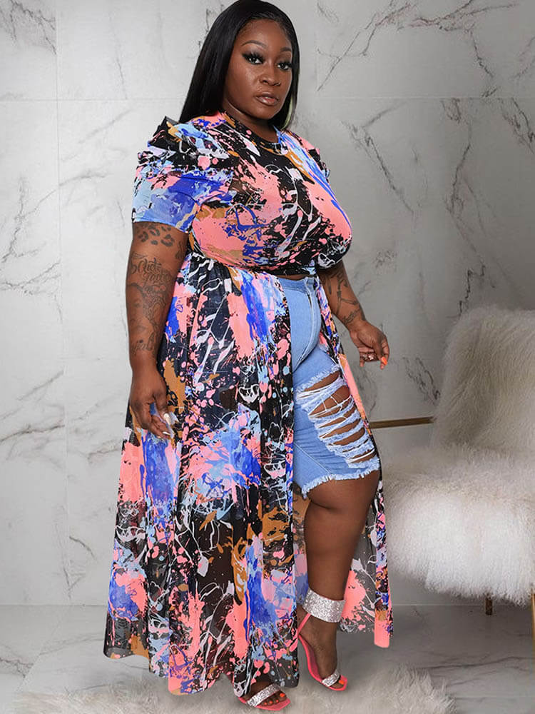 Plus Size Mesh Asymmetrical Flowy Hem Dresses Tiynon