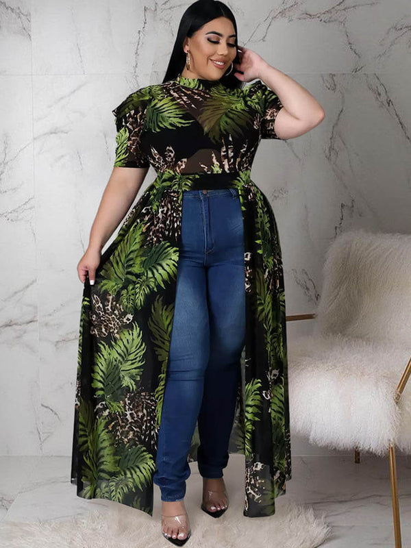 Plus Size Mesh Asymmetrical Flowy Hem Dresses Tiynon