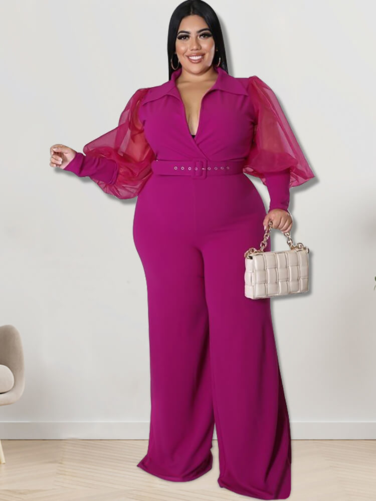 Plus Size Mesh Puff Sleeve Jumpsuits Tiynon