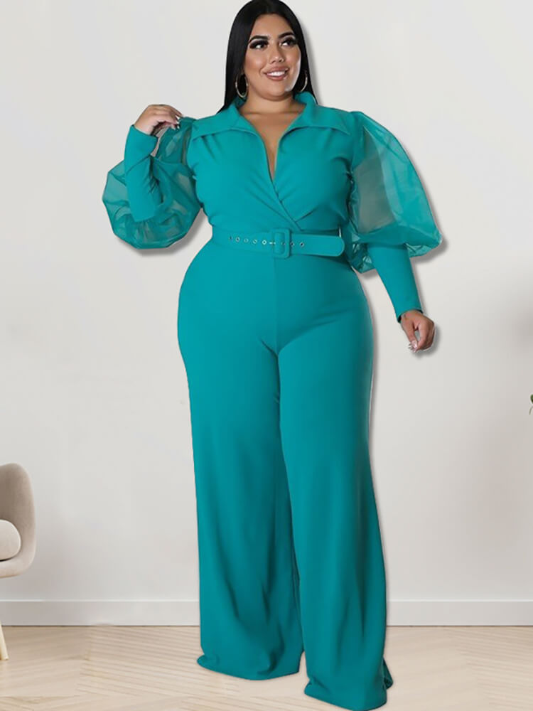 Plus Size Mesh Puff Sleeve Jumpsuits Tiynon