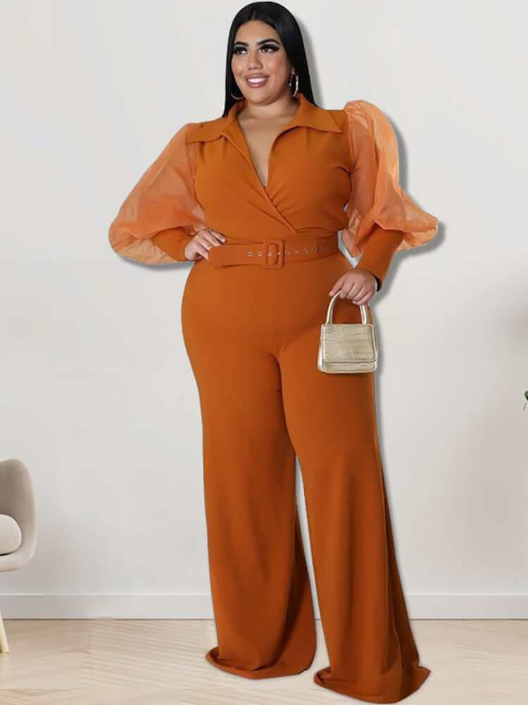 Plus Size Mesh Puff Sleeve Jumpsuits Tiynon