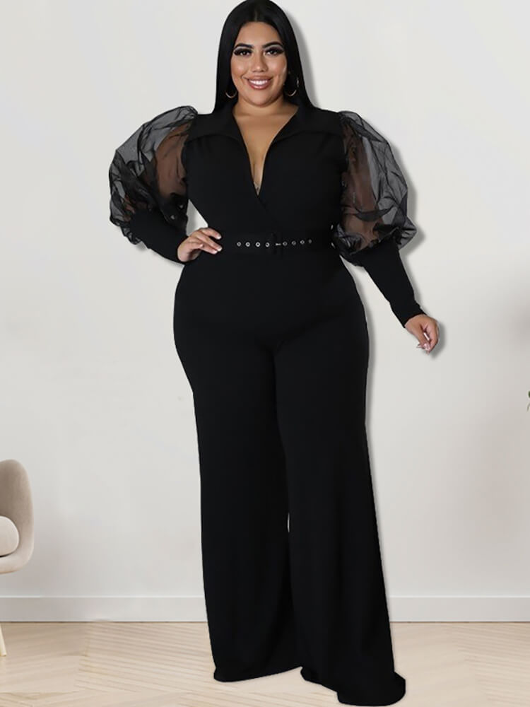 Plus Size Mesh Puff Sleeve Jumpsuits Tiynon