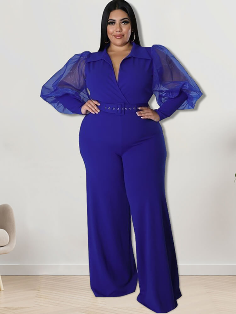 Plus Size Mesh Puff Sleeve Jumpsuits Tiynon