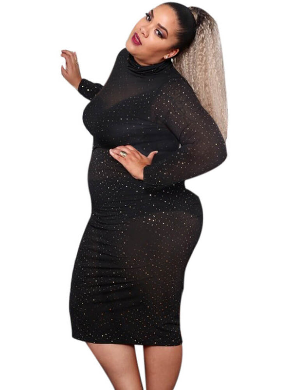 Plus Size Mesh Sequins See Through Bodycon Mini Dresses Tiynon