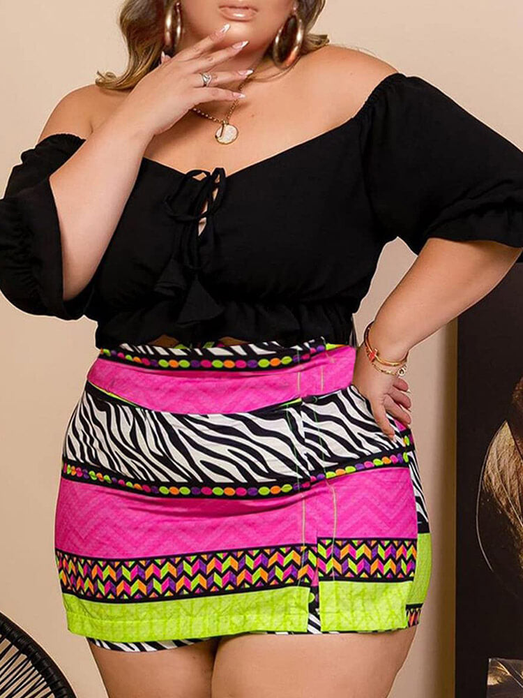 Plus Size Off Shoulder Crop Top & Printed Mini Pant skirt Tiynon