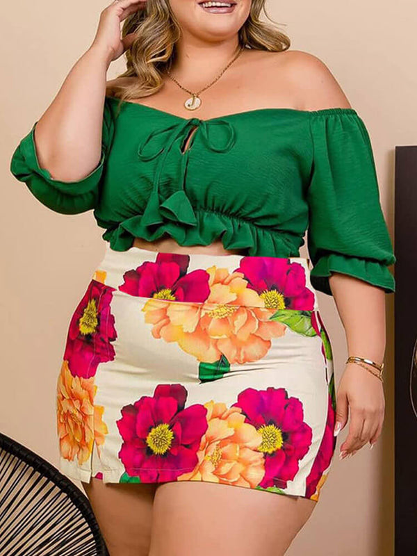 Plus Size Off Shoulder Crop Top & Printed Mini Pant skirt Tiynon