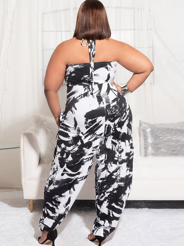 Plus Size Off Shoulder Halter Tie Dye Jumpsuit Tiynon