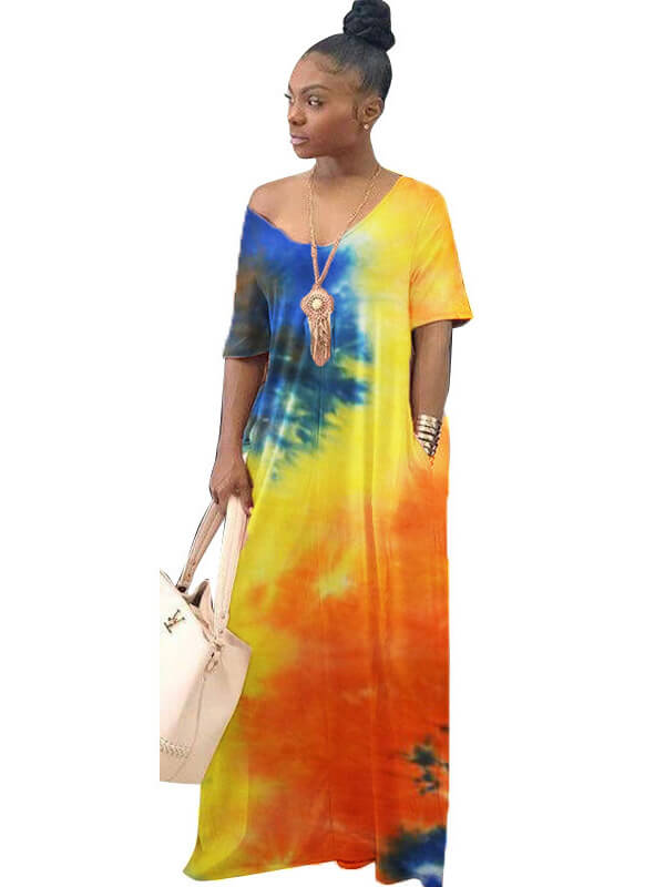 Plus Size Off Shoulder Tie Dyed Maxi Dresses Tiynon