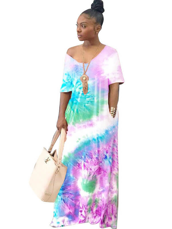 Plus Size Off Shoulder Tie Dyed Maxi Dresses Tiynon