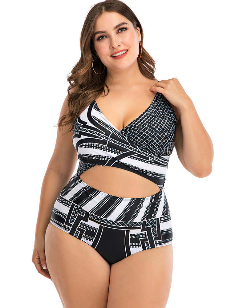 Plus Size One Piece Geometric Cut Out Swimsuit Tiynon