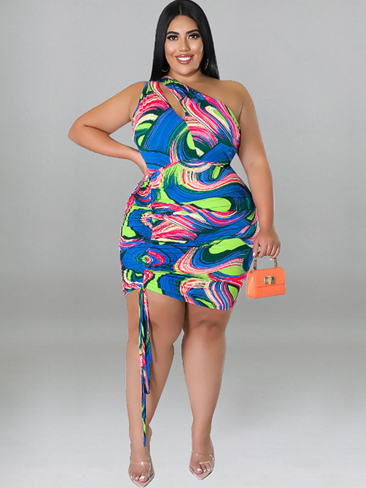 Plus Size One Shoulder Printed Ruched Mini Dresses Tiynon