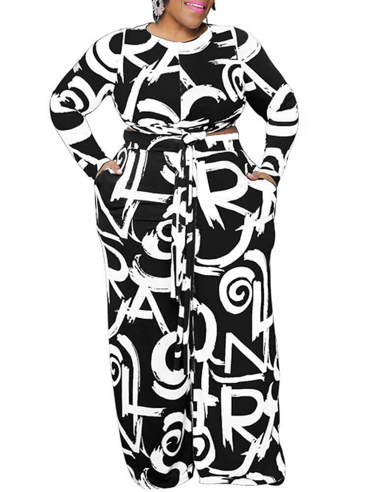 Plus Size Printed Bandage Crop Top Two Piece Pants Set Tiynon