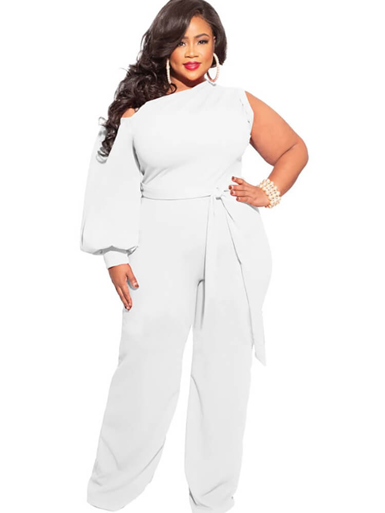 Plus Size Puff Sleeve Belted Wide Leg Pant Jumpsuits Tiynon