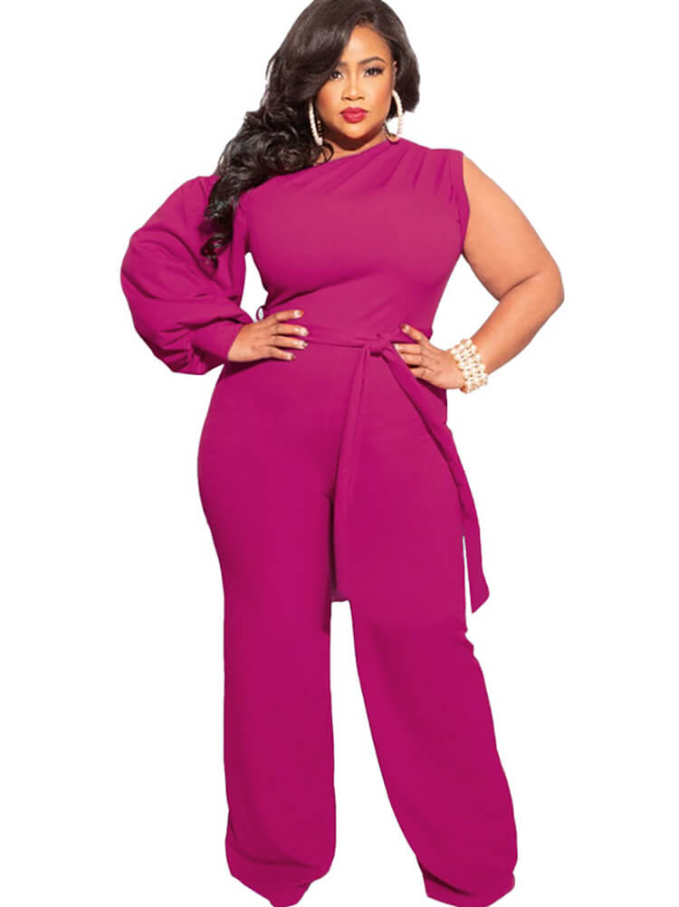 Plus Size Puff Sleeve Belted Wide Leg Pant Jumpsuits Tiynon