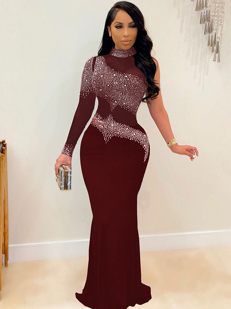 Plus Size Rhinestone Mesh Bodycon Maxi Dresses Tiynon