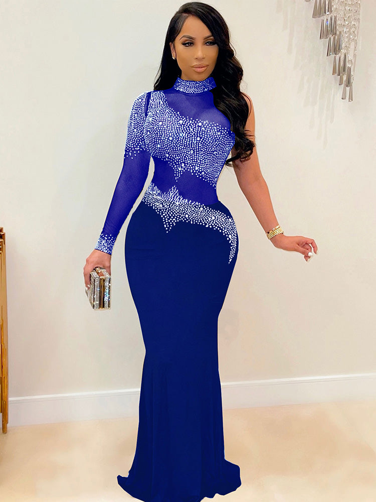 Plus Size Rhinestone Mesh Bodycon Maxi Dresses Tiynon