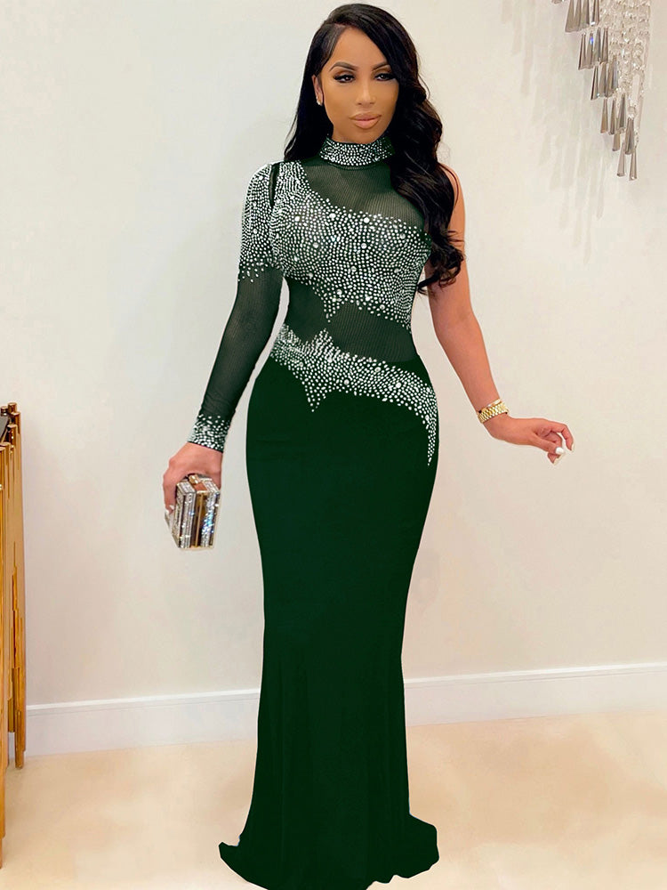 Plus Size Rhinestone Mesh Bodycon Maxi Dresses Tiynon