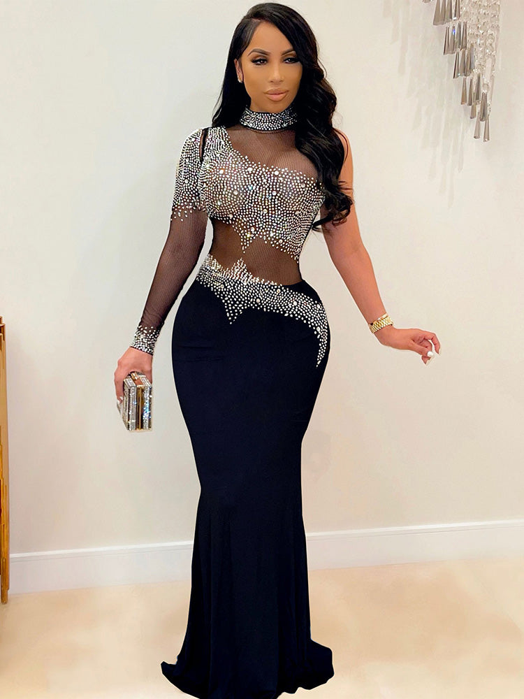 Plus Size Rhinestone Mesh Bodycon Maxi Dresses Tiynon